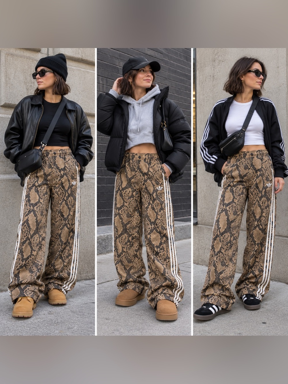 adidas Wide-Leg Snake-Print Track Pants in Brown & Black Size 26x32